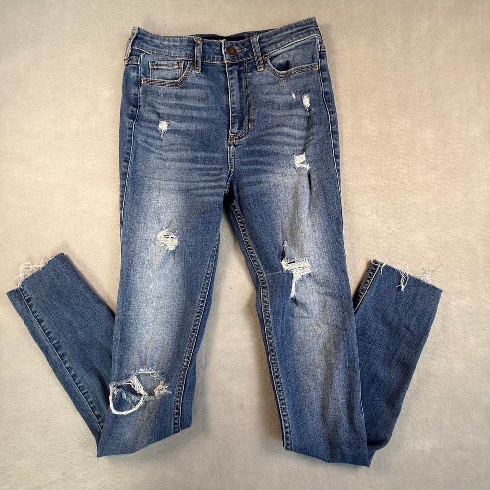 Hollister Ultra High Rise Distressed Skinny Jeans Blue W25 L32 Raw Hem 1L
